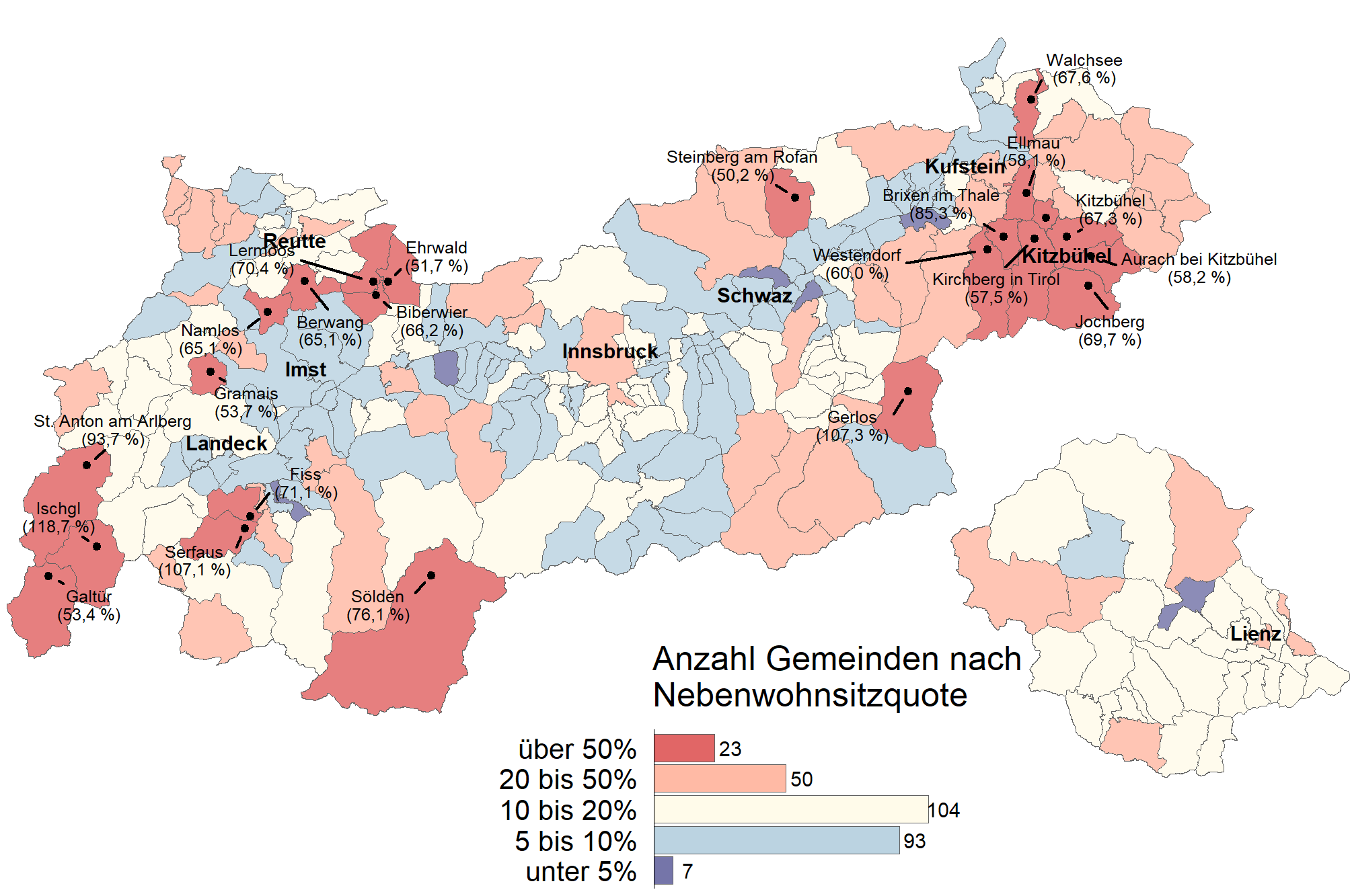 Zweitwohnsitzquoten 2022 in den Tiroler Gemeinden