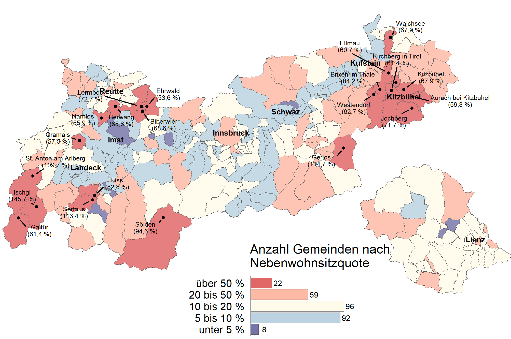 Zweitwohnsitzquoten 2023 in den Tiroler Gemeinden