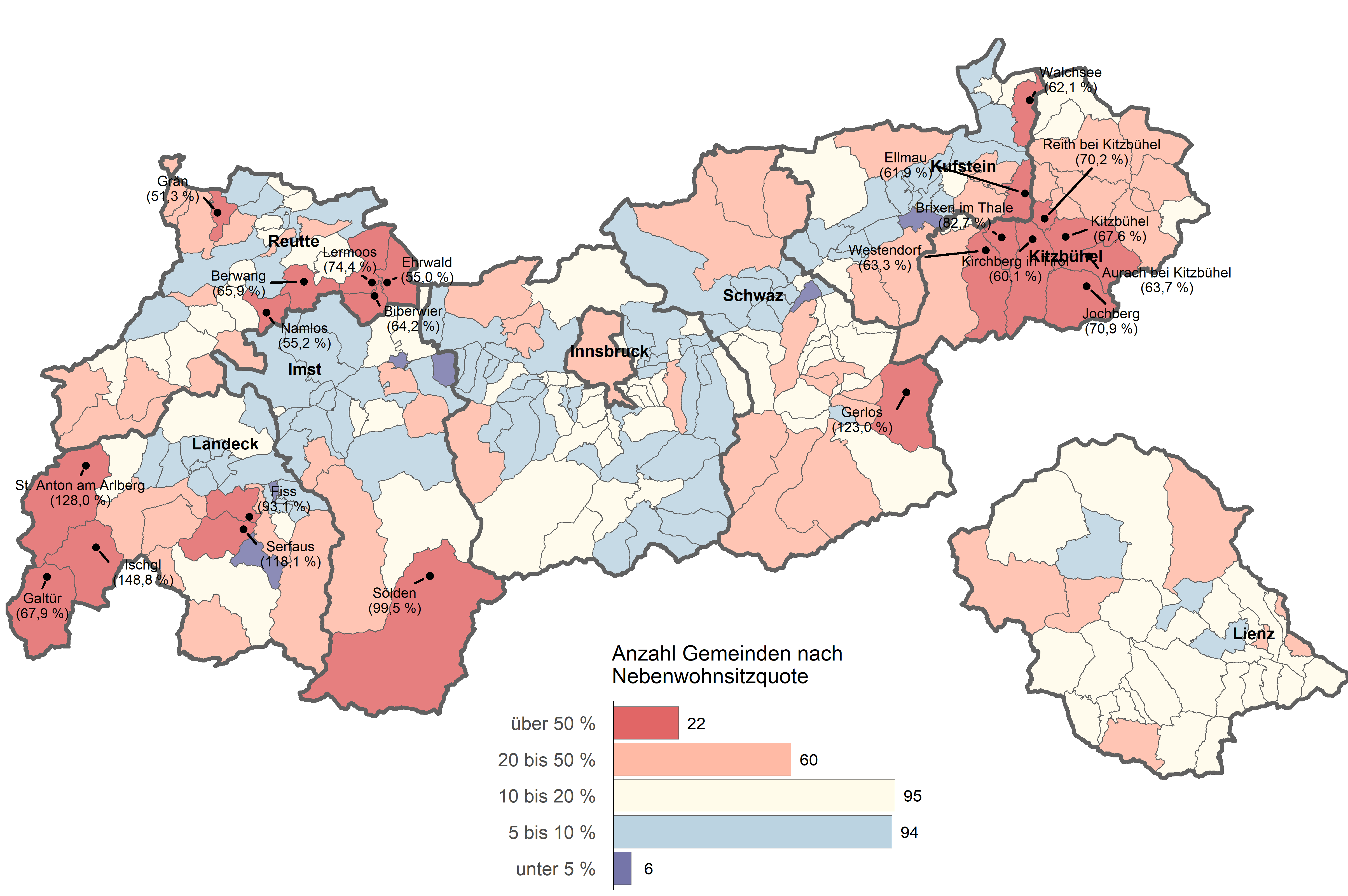 Zweitwohnsitzquoten 2024 in den Tiroler Gemeinden