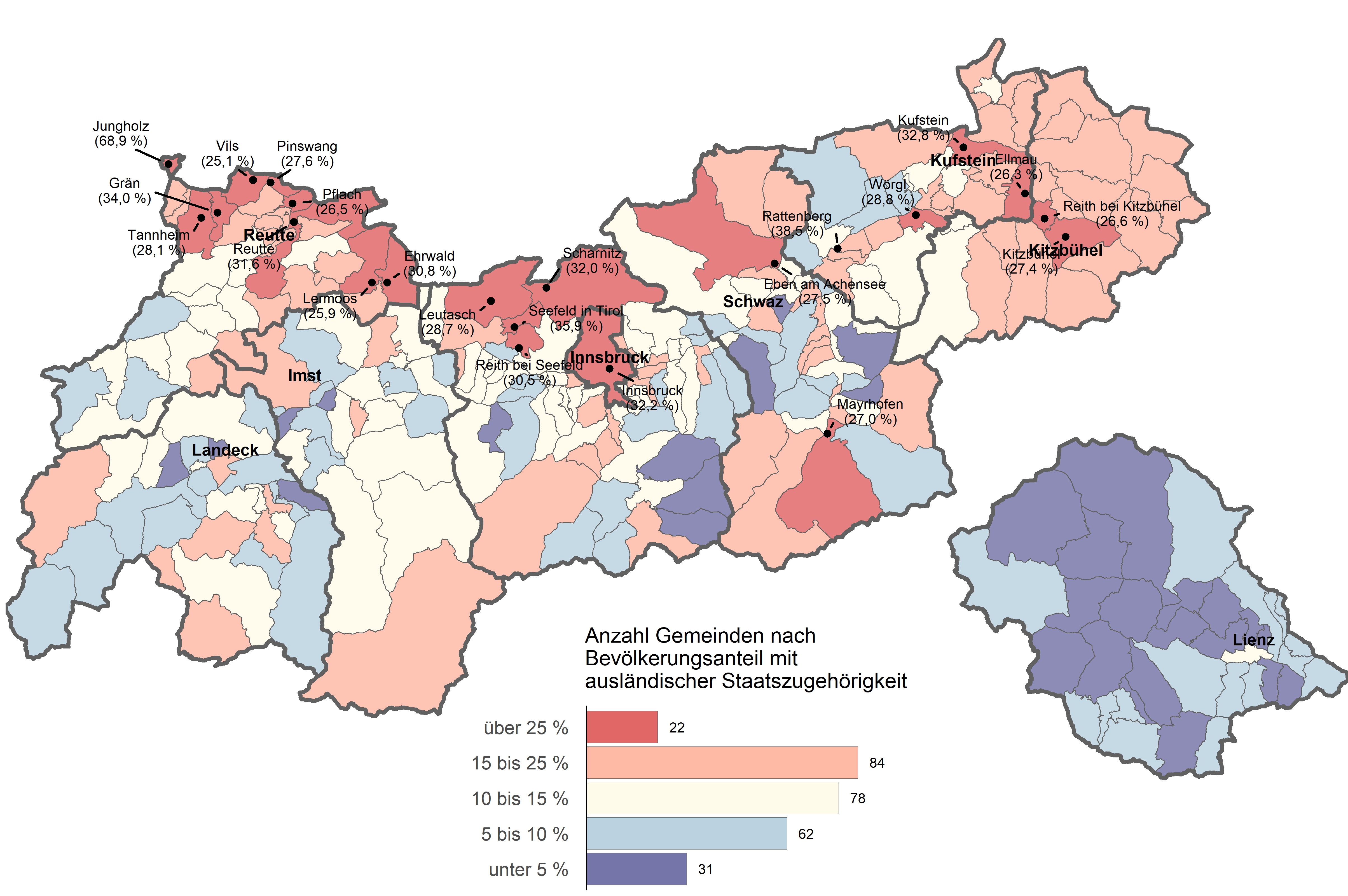 Bevölkerungsanteil mit ausländischer Staatszugehörigkeit in den Tiroler Gemeinden