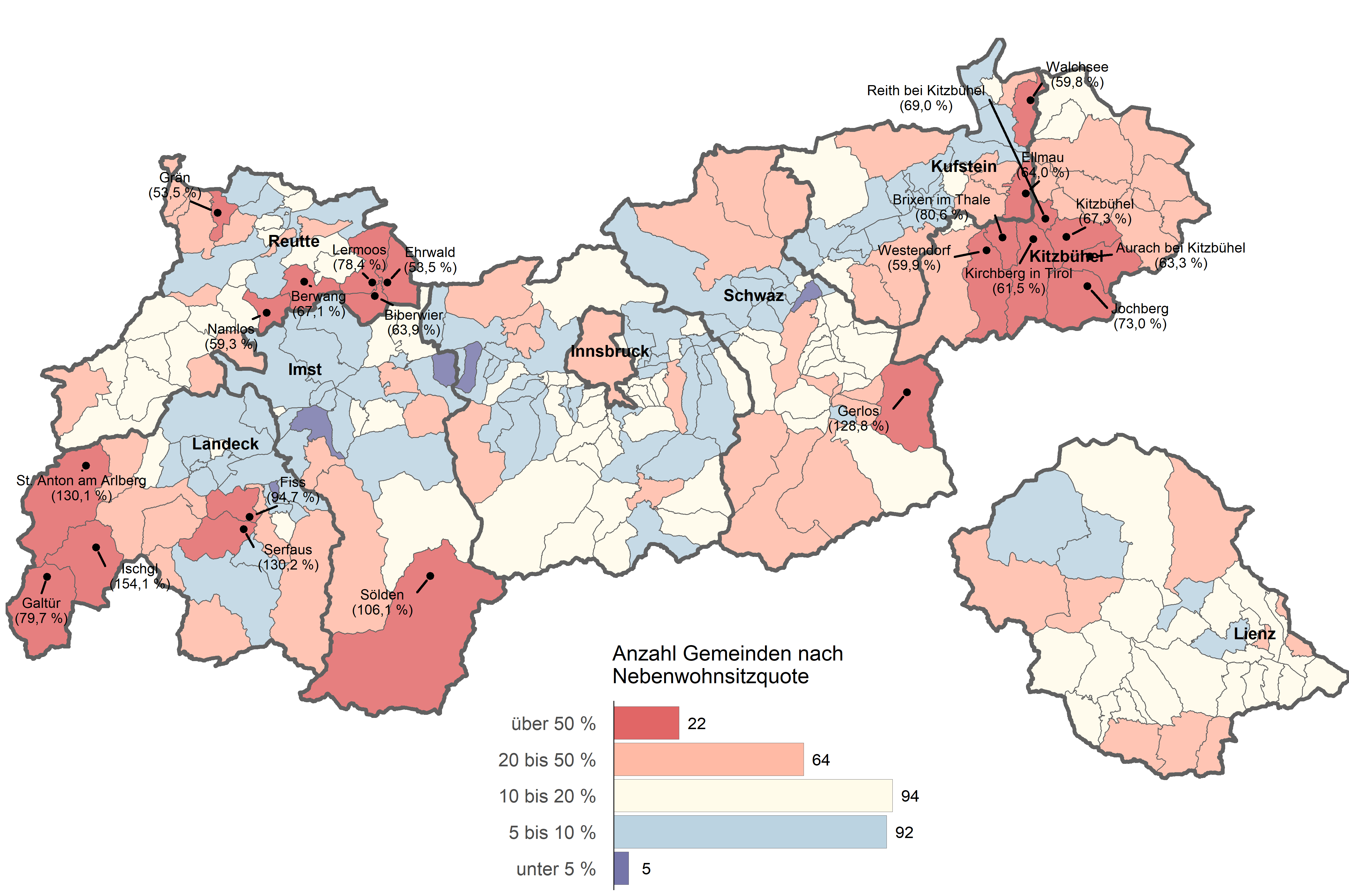 Zweitwohnsitzquoten 2025 in den Tiroler Gemeinden